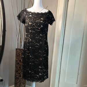 Adrianna Papell Black Tan Off-Shoulder Flutter Sleeve Mini Dress